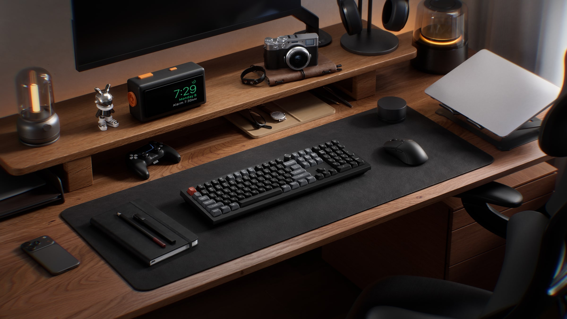 Black Keychron V6 Ultra 8K ANSI keyboard with a numpad and knob in an official desk scene