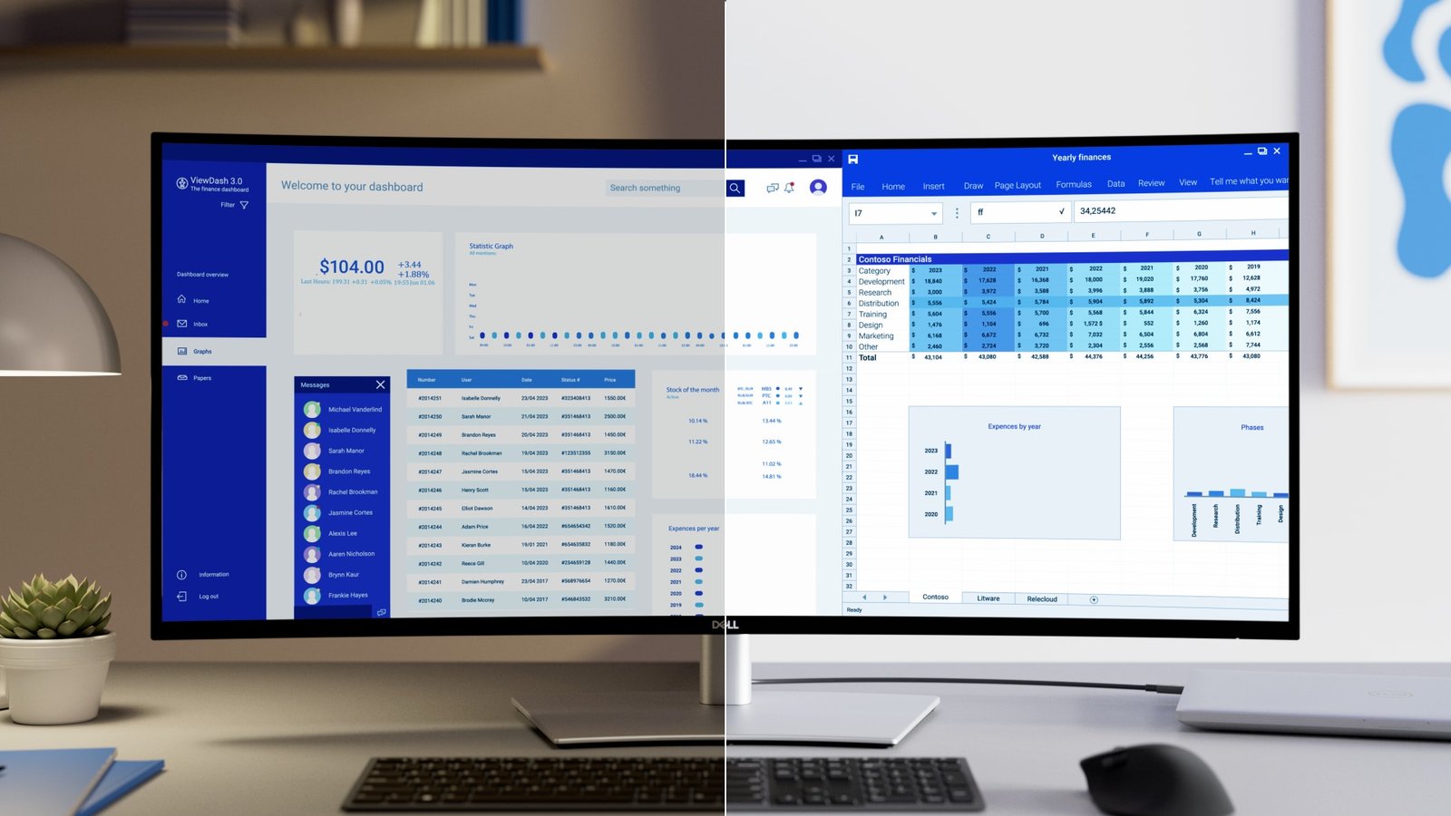 Dell U4025QW example from its official presentation, showing multiple application windows. A manufacturer illustration does not prove a productivity gain.