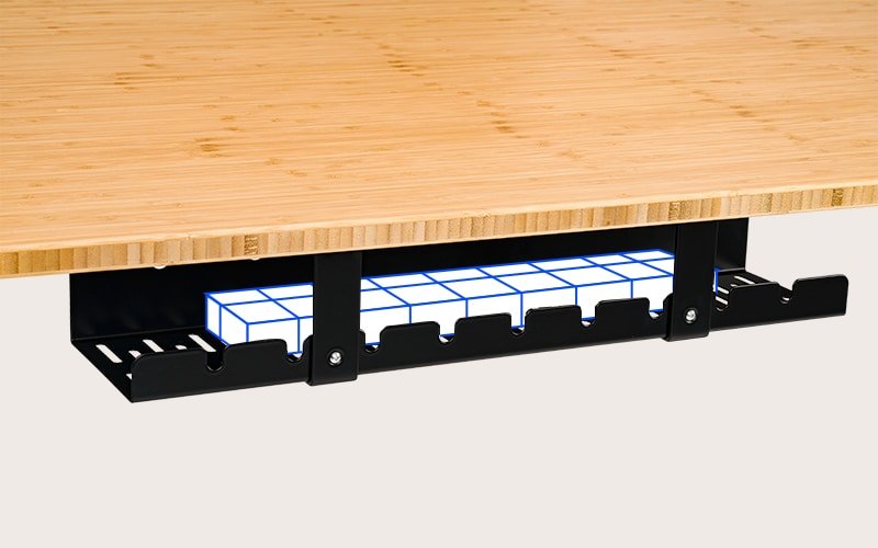 CMP502 cable-management tray below a desktop. This named accessory illustrates clearance and cable-routing checks; it is not universally compatible.