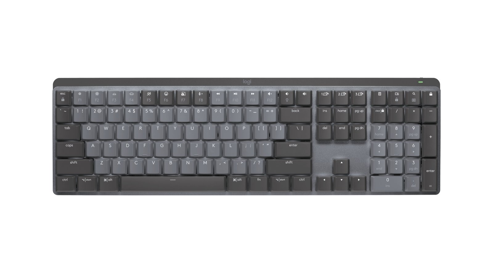 Full-size MX Mechanical, graphite, US key layout with number pad. This image does not show the Mini.
