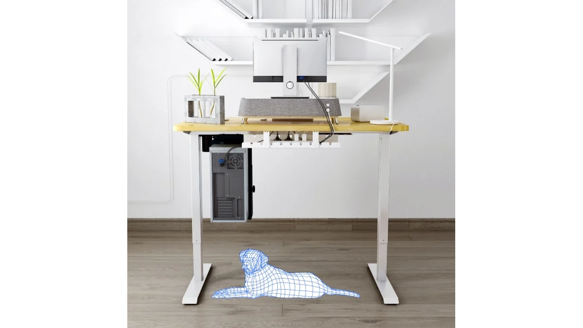 Power strip and transformer bricks neatly organized under standing desk