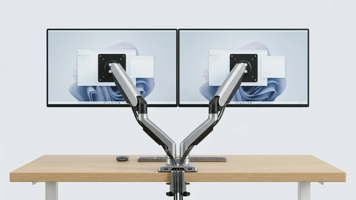 FlexiSpot F8LD dual monitor arm on clean studio background